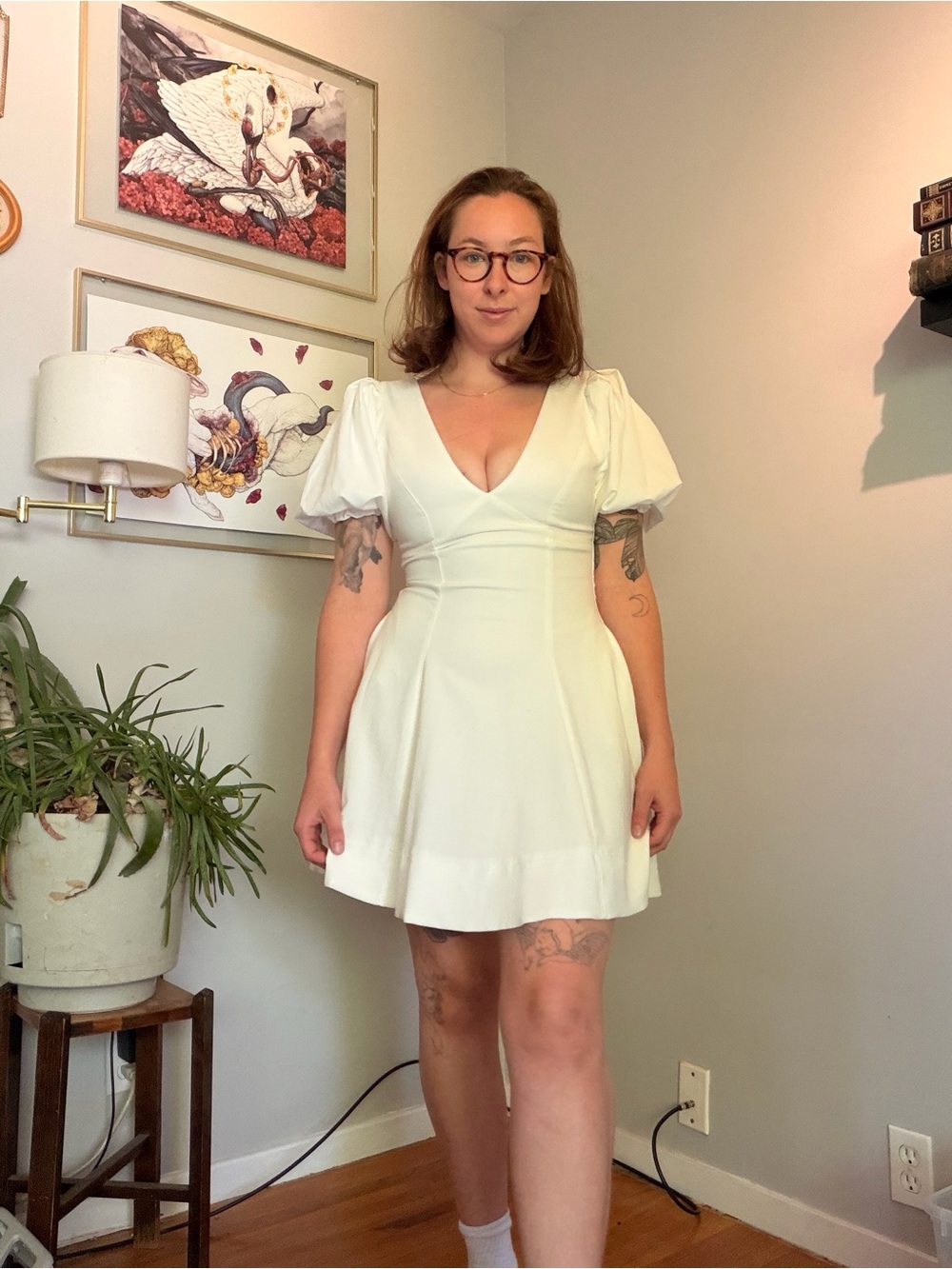 Dynamite white V-Neck Puff-Sleeve Mini Dress with pockets BNWT